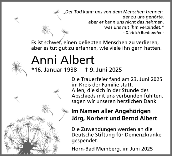 Anzeige  Anni Albert  Lippische Landes-Zeitung