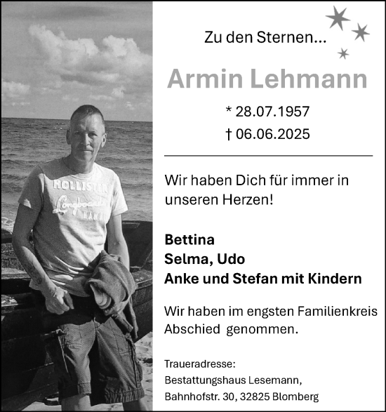 Anzeige  Armin Lehmann  Lippische Landes-Zeitung