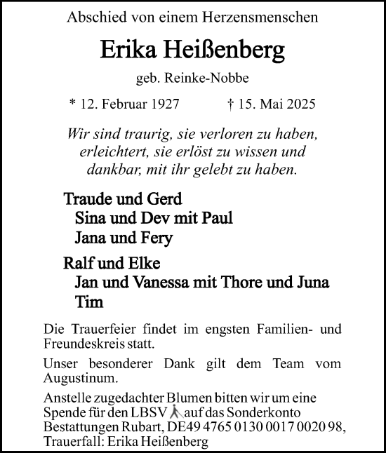 Anzeige  Erika Heißenberg   Lippische Landes-Zeitung