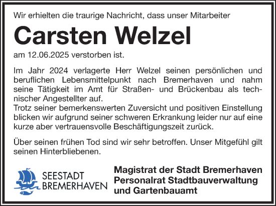 Anzeige  Carsten Welzel  Lippische Landes-Zeitung