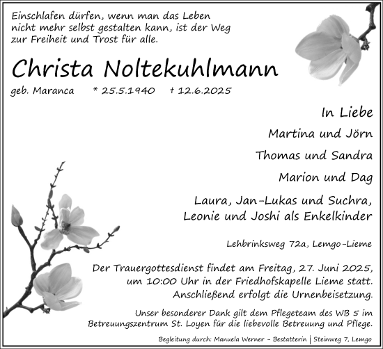 Anzeige  Christa Noltekuhlmann  Lippische Landes-Zeitung