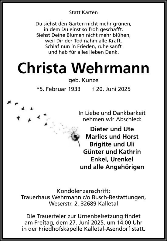Anzeige  Christa Wehrmann  Lippische Landes-Zeitung