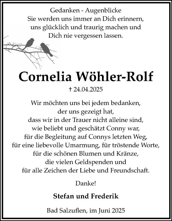 Anzeige  Cornelia Wöhler-Rolf  Lippische Landes-Zeitung