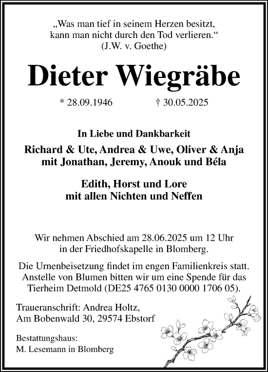 Anzeige  Dieter Wiegräbe  Lippische Landes-Zeitung