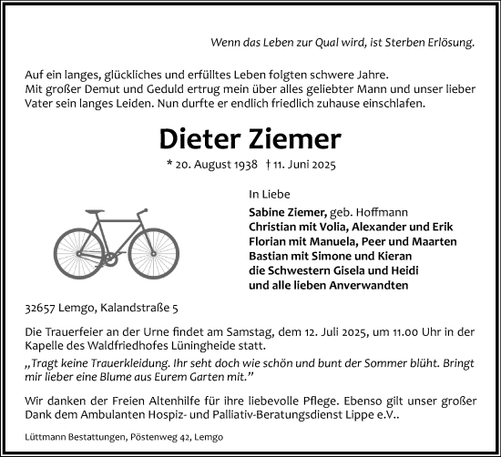Anzeige  Dieter Ziemer  Lippische Landes-Zeitung
