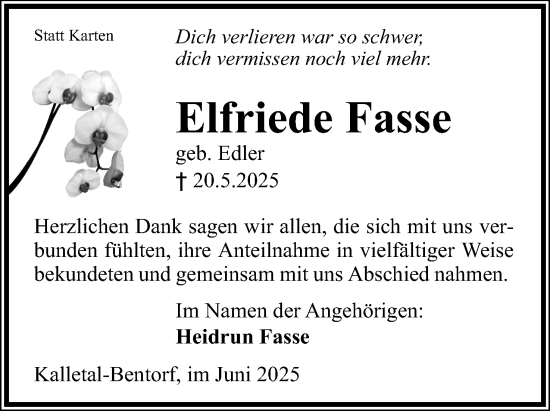 Anzeige  Elfriede Fasse  Lippische Landes-Zeitung
