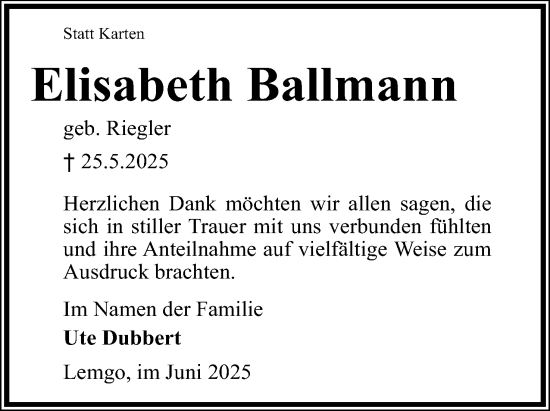 Anzeige  Elisabeth Ballmann  Lippische Landes-Zeitung
