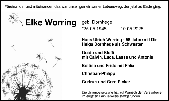 Anzeige  Elke Worring  Lippische Landes-Zeitung