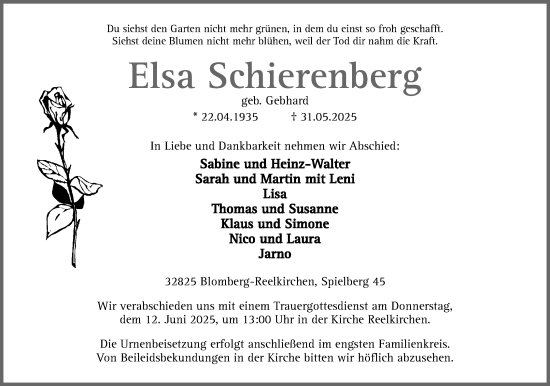 Anzeige  Elsa Schierenberg  Lippische Landes-Zeitung