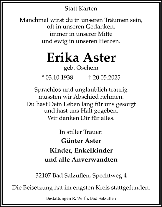 Anzeige  Erika Aster  Lippische Landes-Zeitung