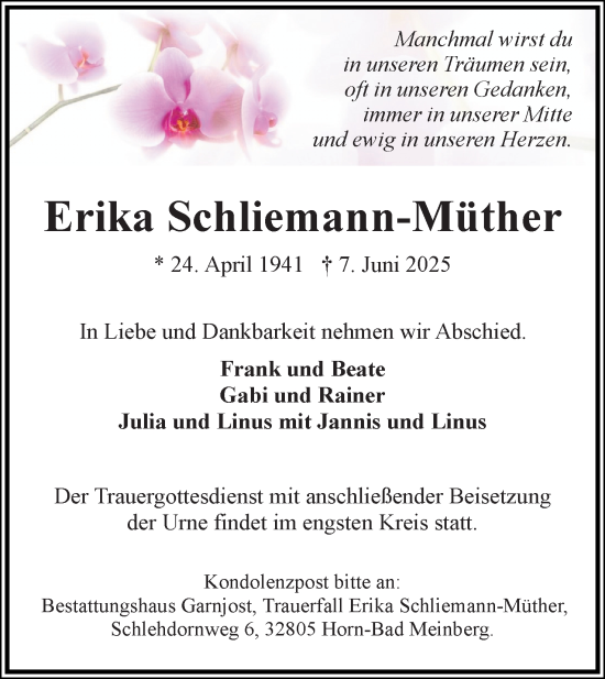 Anzeige  Erika Schliemann-Müther  Lippische Landes-Zeitung