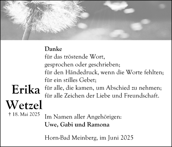 Anzeige  Erika Wetzel  Lippische Landes-Zeitung
