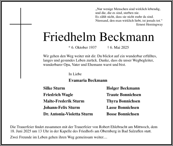 Anzeige  Friedhelm Beckmann  Lippische Landes-Zeitung