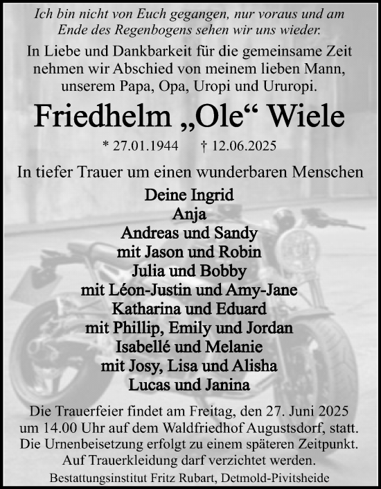 Anzeige  Friedhelm Wiele  Lippische Landes-Zeitung