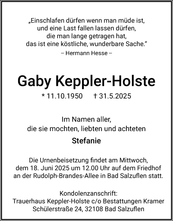 Anzeige  Gaby Keppler-Holste  Lippische Landes-Zeitung