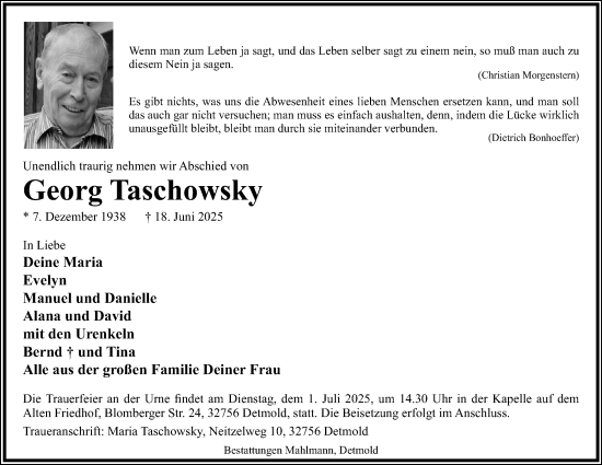 Anzeige  Georg Taschowsky  Lippische Landes-Zeitung