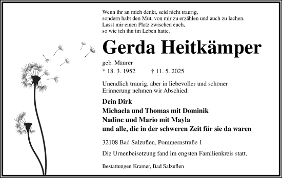 Anzeige  Gerda Heitkämper  Lippische Landes-Zeitung