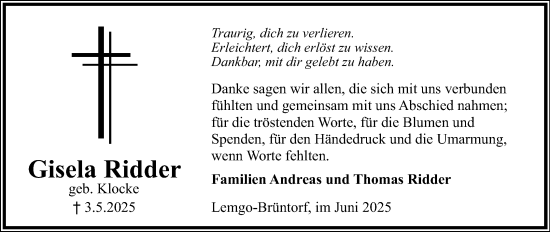Anzeige  Gisela Ridder  Lippische Landes-Zeitung