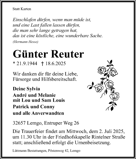 Anzeige  Günter Reuter  Lippische Landes-Zeitung