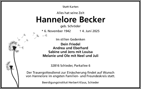 Anzeige  Hannelore Becker  Lippische Landes-Zeitung