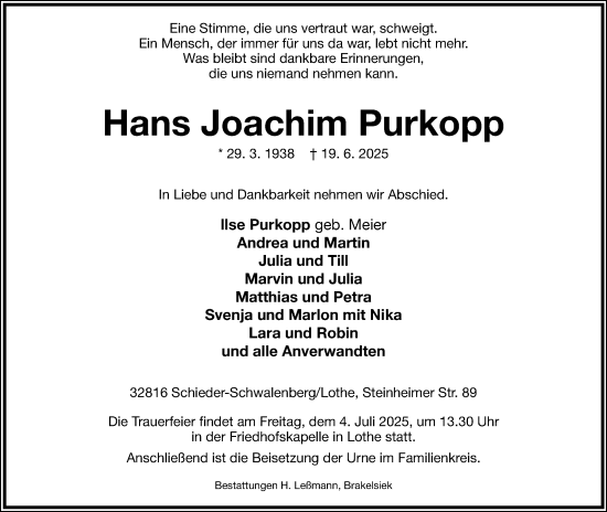 Anzeige  Hans Joachim Purkopp  Lippische Landes-Zeitung
