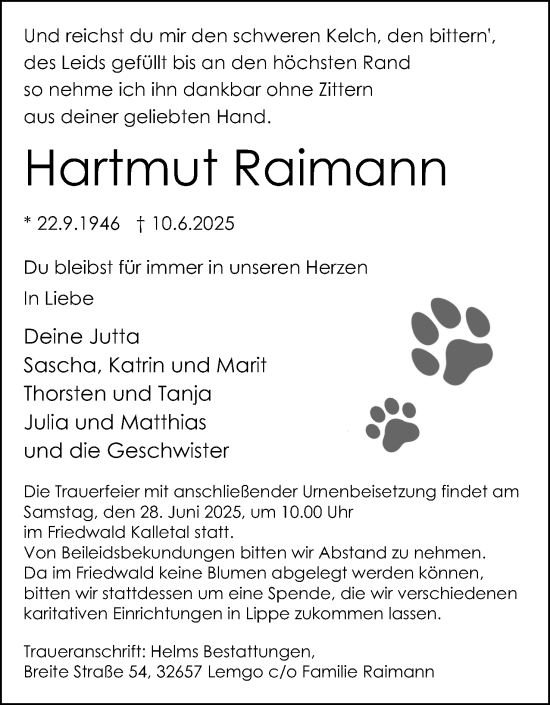 Anzeige  Hartmut Raimann  Lippische Landes-Zeitung