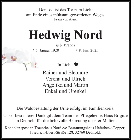 Anzeige  Hedwig Nord  Lippische Landes-Zeitung