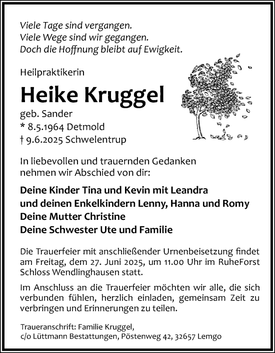 Anzeige  Heike Kruggel  Lippische Landes-Zeitung