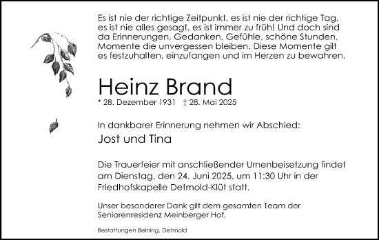Anzeige  Heinz Brand  Lippische Landes-Zeitung