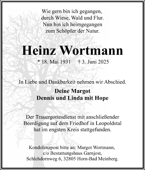 Anzeige  Heinz Wortmann  Lippische Landes-Zeitung