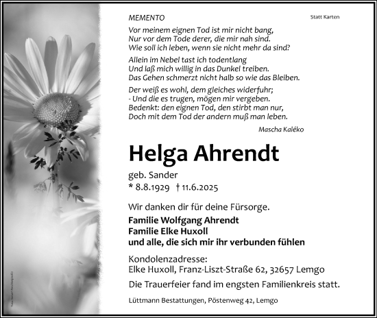Anzeige  Helga Ahrendt  Lippische Landes-Zeitung