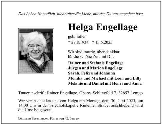 Anzeige  Helga Engellage  Lippische Landes-Zeitung