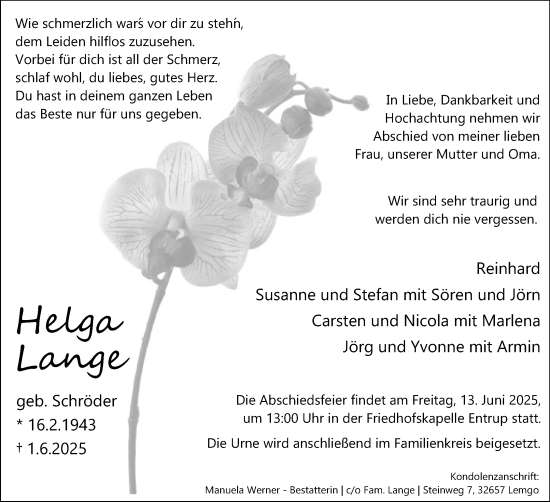 Anzeige  Helga Lange  Lippische Landes-Zeitung