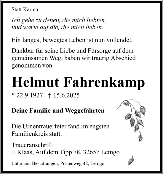Anzeige  Helmut Fahrenkamp  Lippische Landes-Zeitung