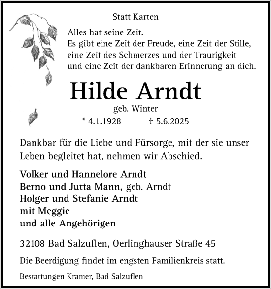 Anzeige  Hilde Arndt  Lippische Landes-Zeitung