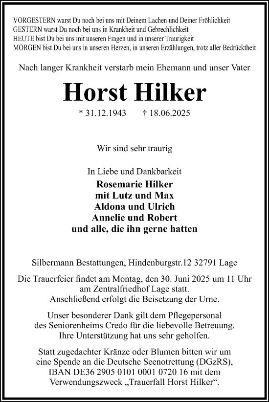 Anzeige  Horst Hilker  Lippische Landes-Zeitung