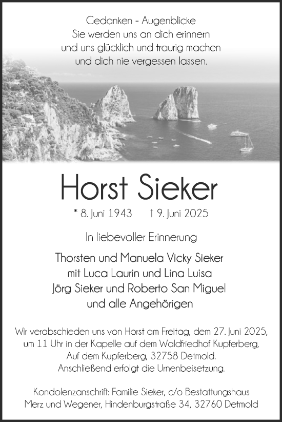 Anzeige  Horst Sieker  Lippische Landes-Zeitung