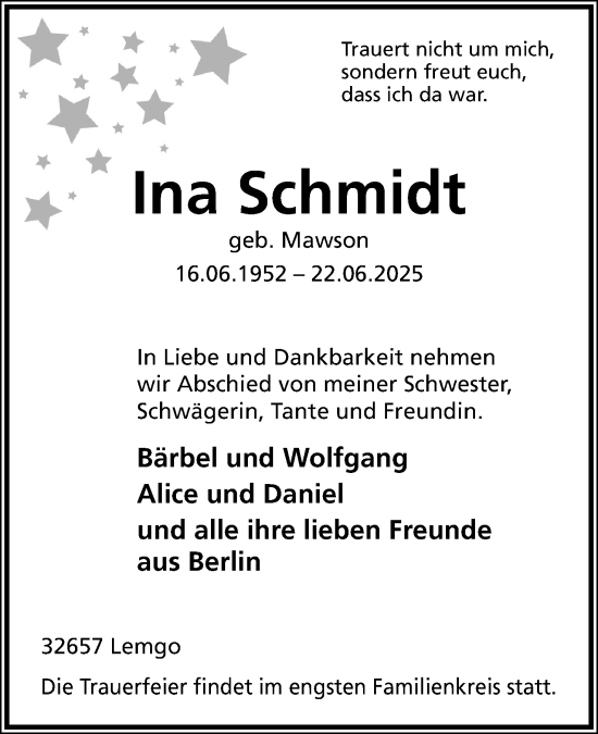 Anzeige  Ina Schmidt  Lippische Landes-Zeitung