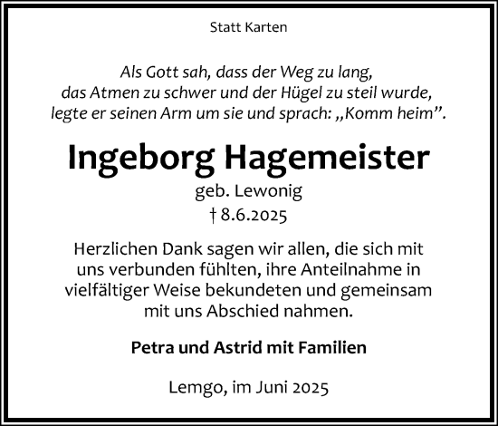 Anzeige  Ingeborg Hagemeister  Lippische Landes-Zeitung