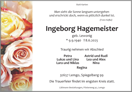 Anzeige  Ingeborg Hagemeister  Lippische Landes-Zeitung