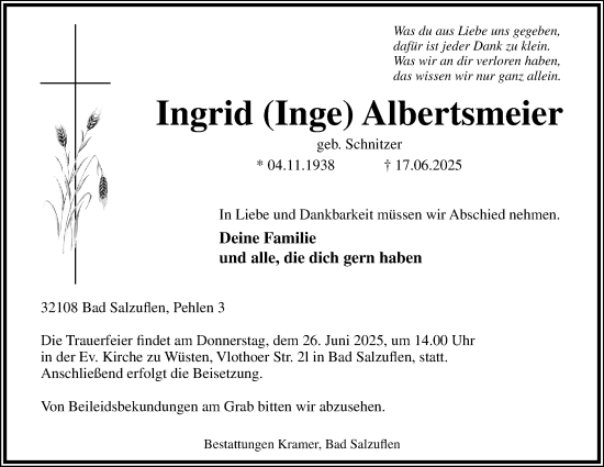 Anzeige  Ingrid Albertsmeier  Lippische Landes-Zeitung