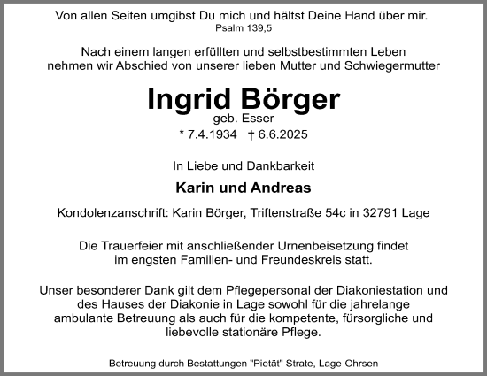Anzeige  Ingrid Börger  Lippische Landes-Zeitung