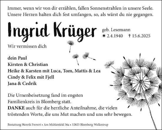 Anzeige  Ingrid Krüger  Lippische Landes-Zeitung