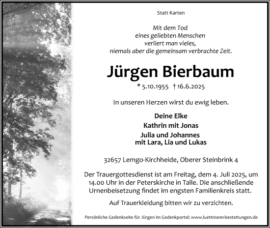 Anzeige  Jürgen Bierbaum  Lippische Landes-Zeitung
