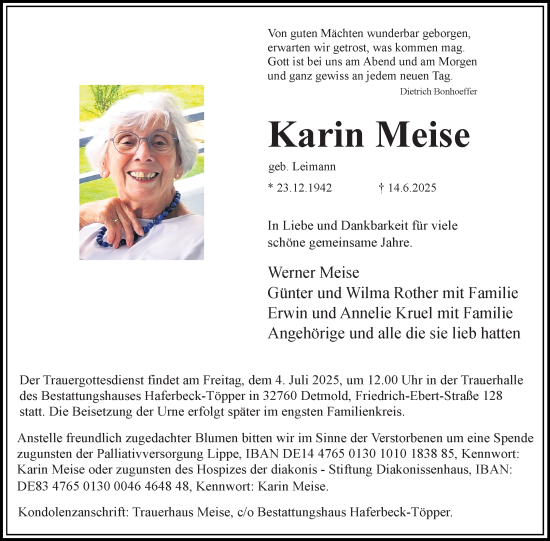 Anzeige  Karin Meise  Lippische Landes-Zeitung