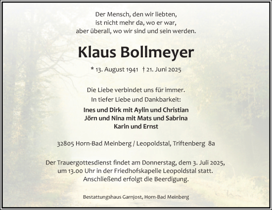 Anzeige  Klaus Bollmeyer  Lippische Landes-Zeitung