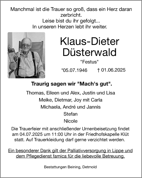 Anzeige  Klaus-Dieter Düsterwald  Lippische Landes-Zeitung