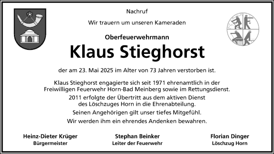 Anzeige  Klaus Stieghorst  Lippische Landes-Zeitung