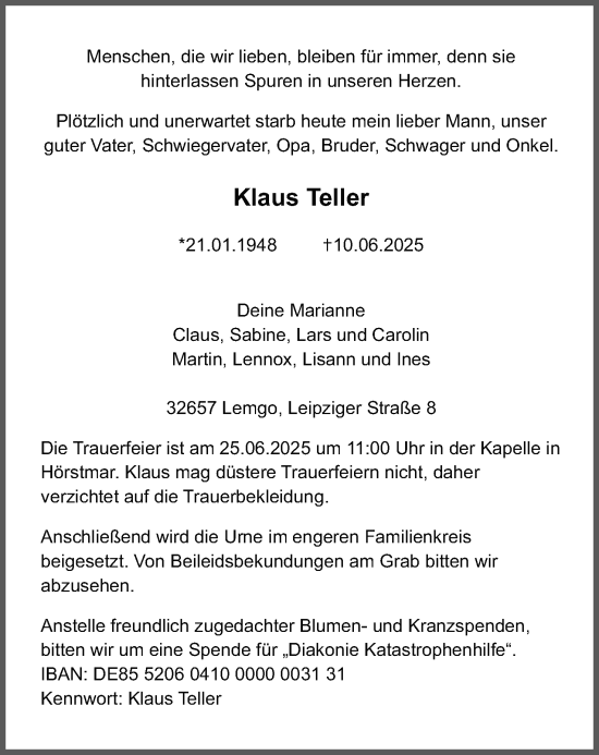Anzeige  Klaus Teller  Lippische Landes-Zeitung