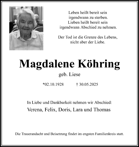 Anzeige  Magdalene Köhring  Lippische Landes-Zeitung